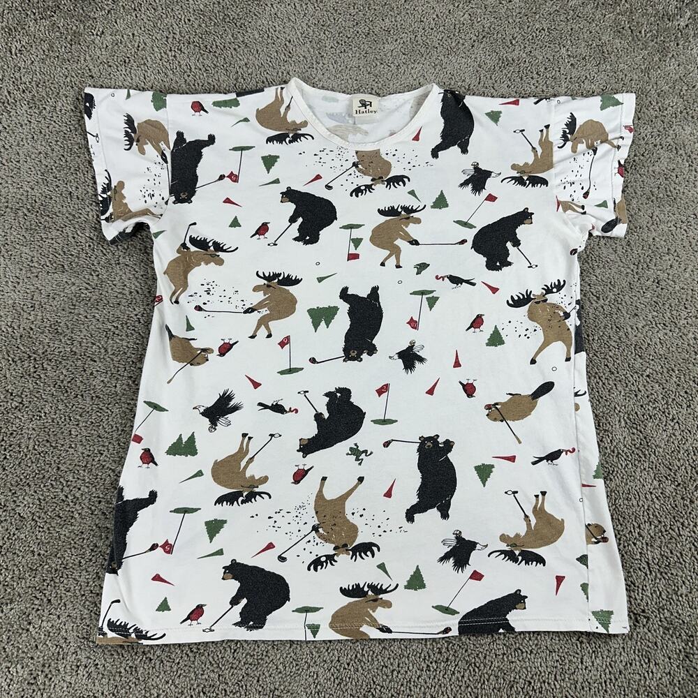 Hatley Shirt Mens Medium White Allover Golf Animals Moose Bear Novelty Graphic